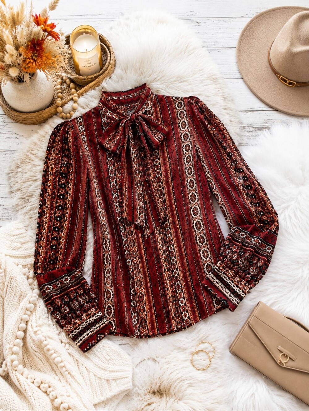 LOFT Bow Tie Neck Blouse | XL | Red Boho Print | Long Sleeve | Like New | Boho - Picture 1 of 12